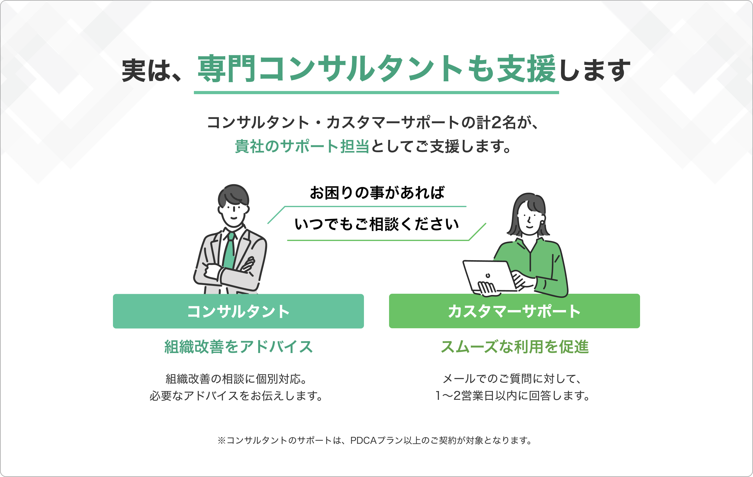 実は、専門コンサルタントも支援します。コンサルタント・カスタマーサポートの計2名が、貴社のサポート担当としてご支援します。